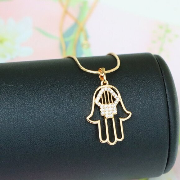 "Rose Gold Hamsa Hand Pendant with Sparkling Stone Detailing, XPPT1231 - Picture 8 of 13